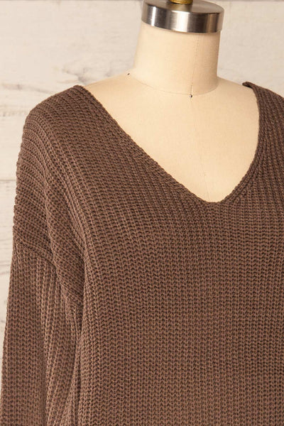 Patras Brown V-Neck Knitted Sweater | La petite garçonne side close up