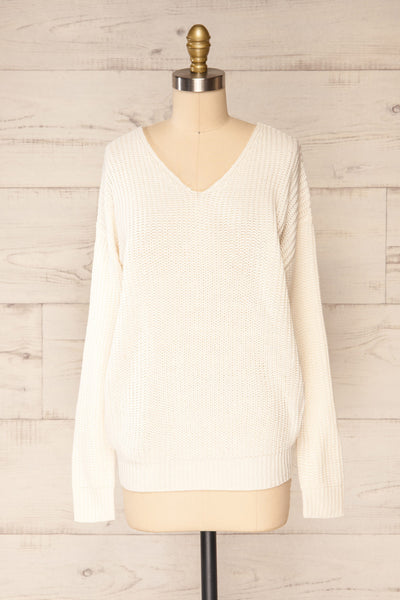 Patras Cream V-Neck Knitted Sweater | La petite garçonne front view