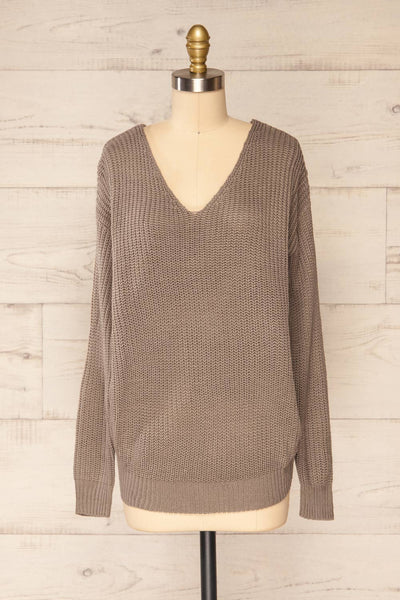 Patras Taupe V-Neck Knitted Sweater | La petite garçonne front view