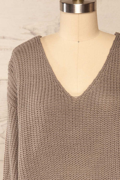 Patras Taupe V-Neck Knitted Sweater | La petite garçonne front close up
