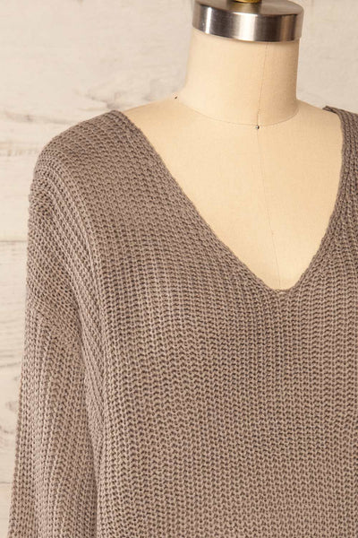 Patras Taupe V-Neck Knitted Sweater | La petite garçonne side close up