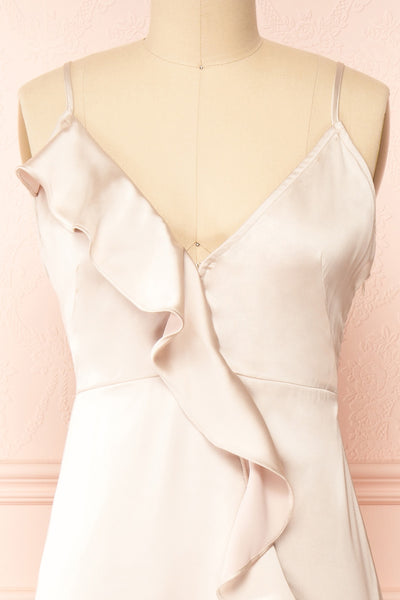 Patricia Champagne Dress w/ Ruffles | Boutique 1861 front close-up