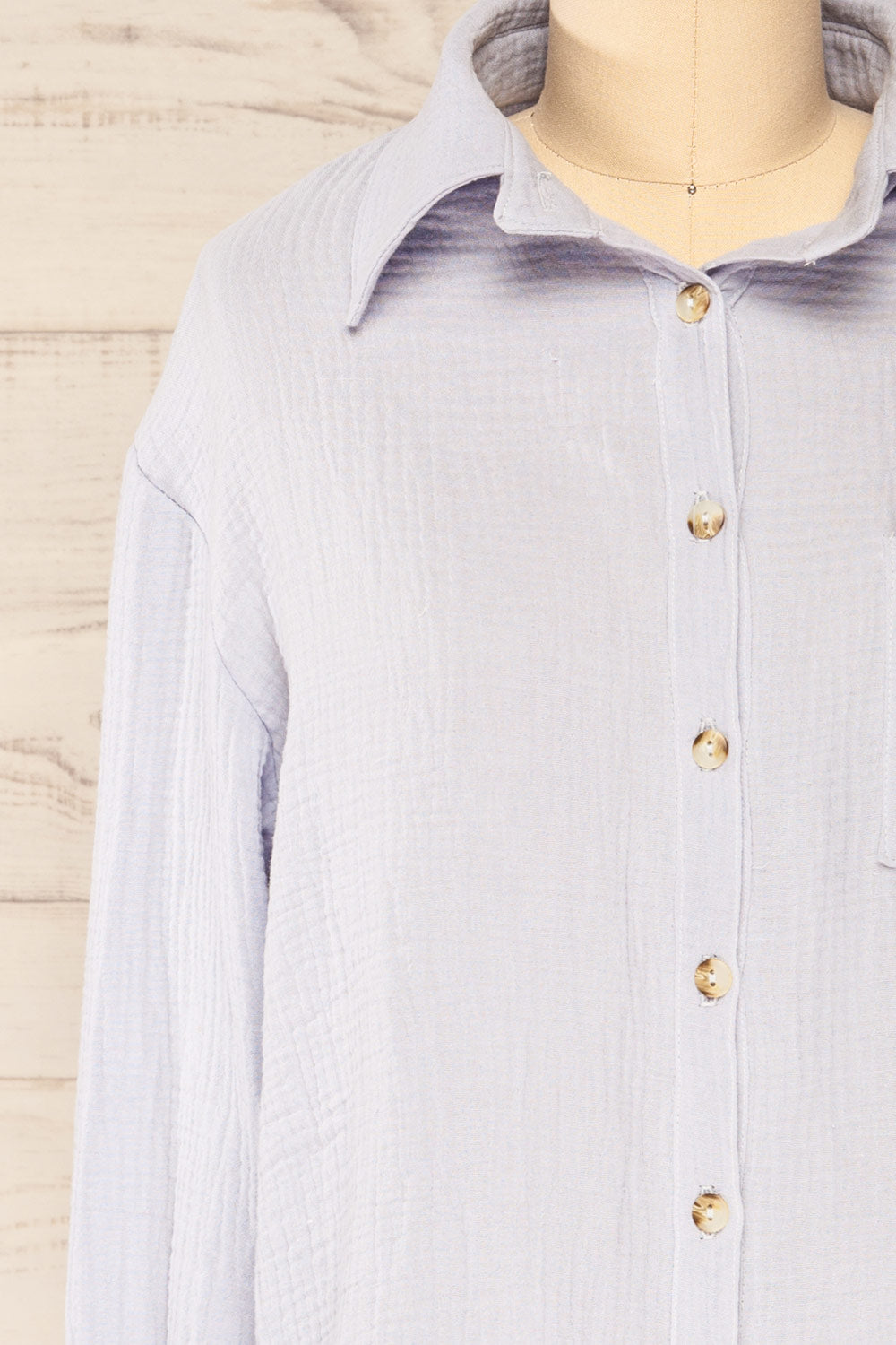 Paulla Blue Oversized Button-Up Shirt | La petite garçonne  front close-up