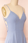Peggie Blue Chiffon Maxi Dress w/ Back Embroidery | Boudoir 1861 side close-up
