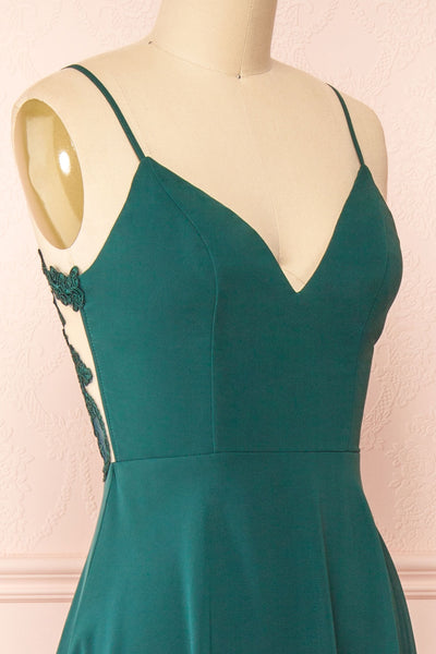 Peggie Emerald Chiffon Maxi Dress w/ Embroidered Back | Boudoir 1861 side close-up