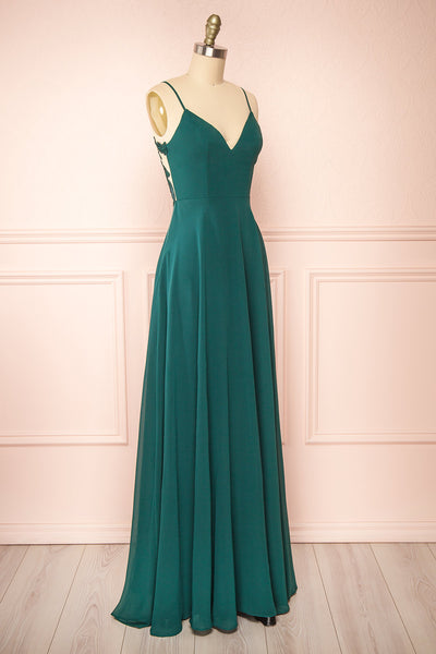 Peggie Emerald Chiffon Maxi Dress w/ Embroidered Back | Boudoir 1861 side view