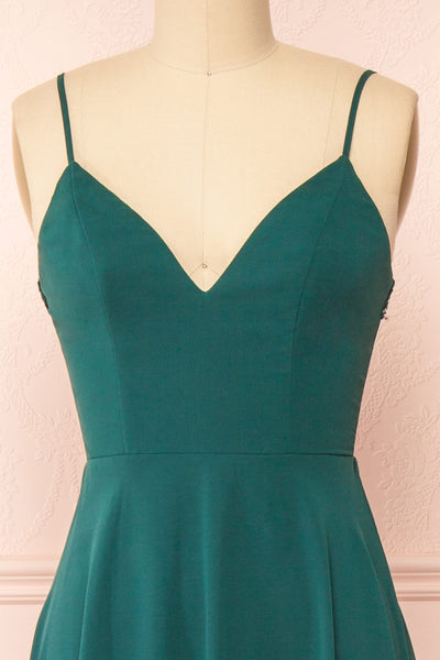 Peggie Emerald Chiffon Maxi Dress w/ Embroidered Back | Boudoir 1861 front close-up