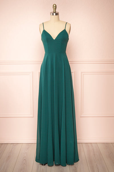 Peggie Emerald Chiffon Maxi Dress w/ Embroidered Back | Boudoir 1861 front view