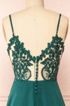 Peggie Emerald Chiffon Maxi Dress w/ Embroidered Back | Boudoir 1861 back close-up