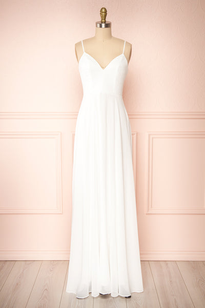 Peggie Ivory Chiffon Maxi Dress w/ Embroidered Back | Boudoir 1861 front view