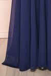 Peggie Navy Chiffon Maxi Dress w/ Back Embroidery | Boudoir 1861 bottom close-up