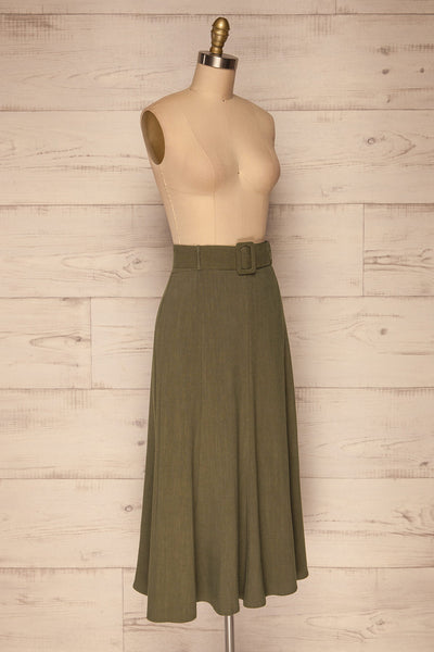 Pelczyce Olive Green Flared Midi Skirt side view | La petite garçonne