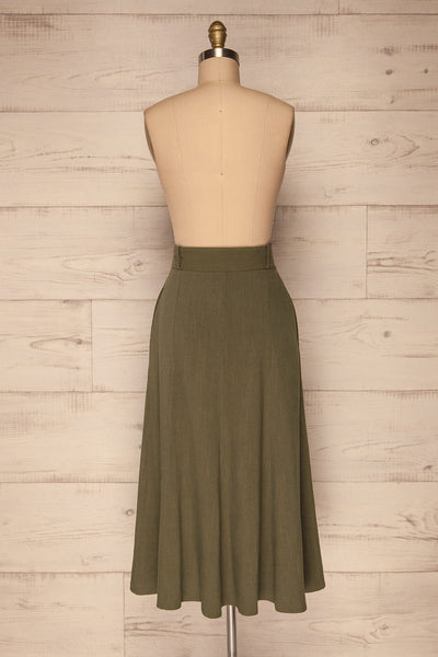 Pelczyce Olive Green Flared Midi Skirt back view | La petite garçonne