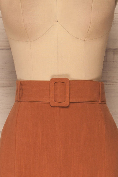 Pelczyce Rust Flared Midi Skirt w/ Belt front close up | La petite garçonne