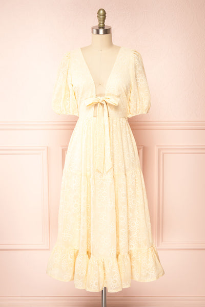 Pepita Beige Chiffon Midi Dress w/ Floral Embroidery | Boutique 1861  front view