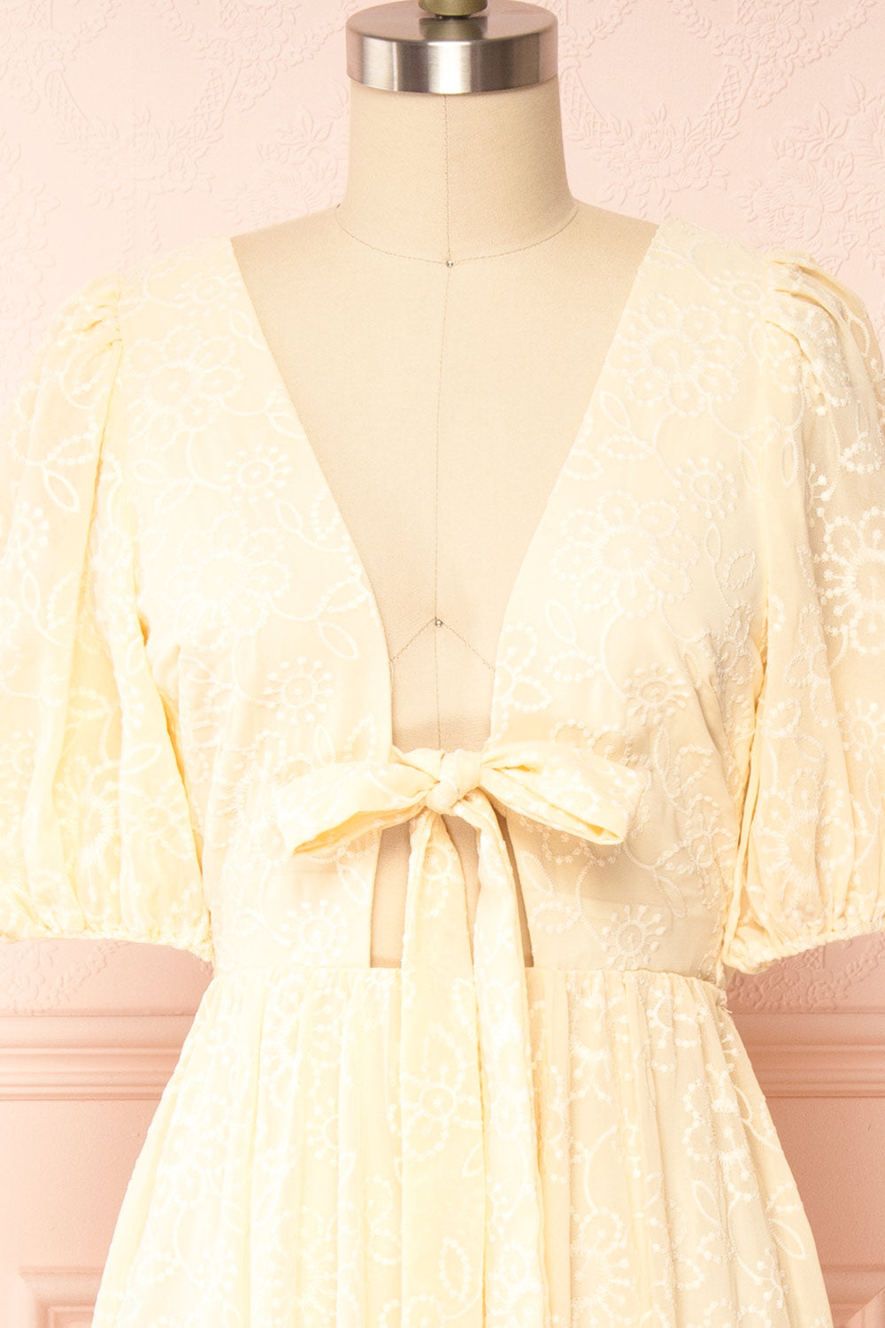 Pepita Beige Chiffon Midi Dress w/ Floral Embroidery | Boutique 1861  front close up