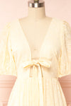 Pepita Beige Chiffon Midi Dress w/ Floral Embroidery | Boutique 1861  front close up