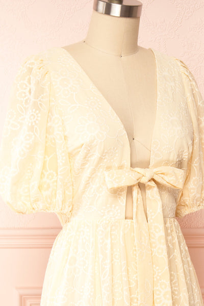 Pepita Beige Chiffon Midi Dress w/ Floral Embroidery | Boutique 1861  side close up