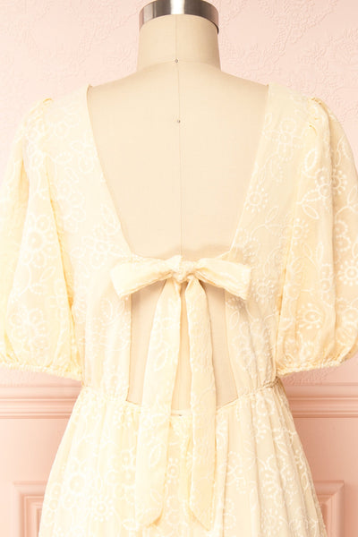 Pepita Beige Chiffon Midi Dress w/ Floral Embroidery | Boutique 1861  back close up