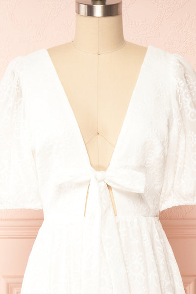 Pepita White Chiffon Midi Dress w/ Floral Embroidery | Boutique 1861 front close up