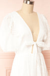 Pepita White Chiffon Midi Dress w/ Floral Embroidery | Boutique 1861 side close up
