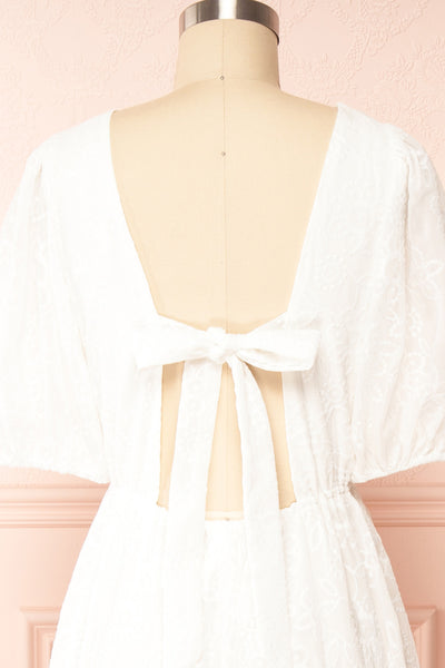 Pepita White Chiffon Midi Dress w/ Floral Embroidery | Boutique 1861back close up