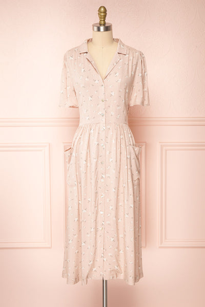 Peppa Pink Floral Midi Shirtdress w/ Pockets | Boutique 1861 front view