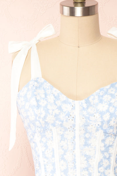 Pernille Blue Floral Openwork Short Dress | Boutique 1861 front close up