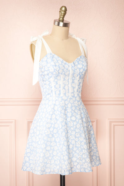 Pernille Blue Floral Openwork Short Dress | Boutique 1861 side view