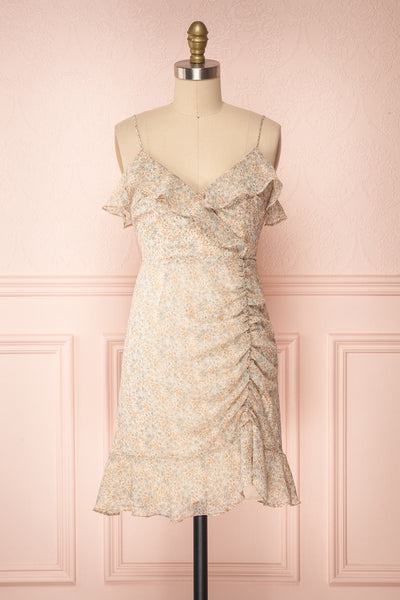 Petrona Beige Floral Chiffon Short Dress front view | Boutique 1861