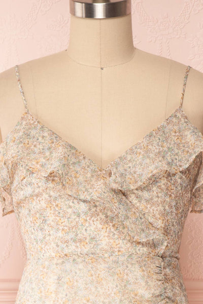 Petrona Beige Floral Chiffon Short Dress front close up | Boutique 1861