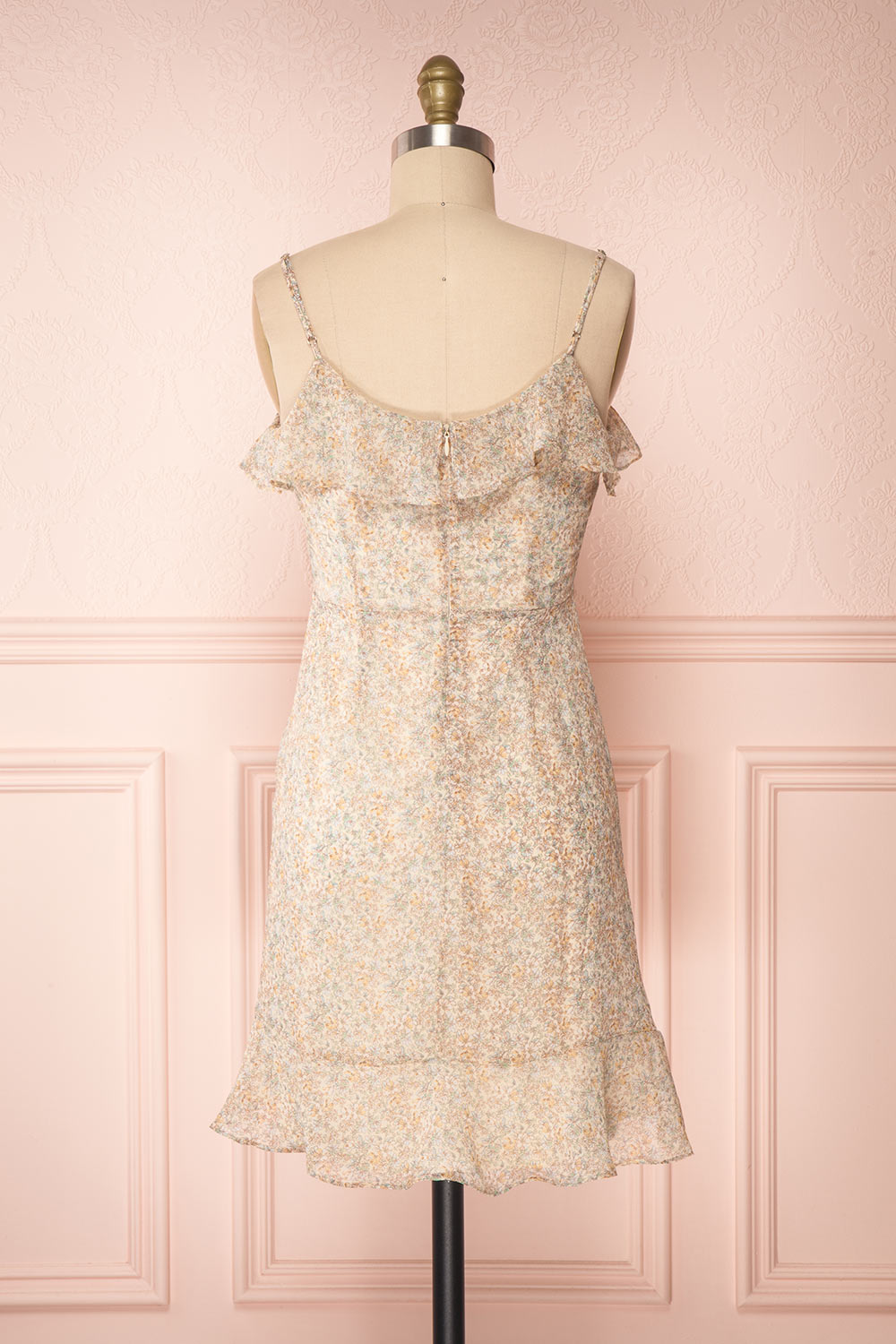 Petrona Beige Floral Chiffon Short Dress back view | Boutique 1861