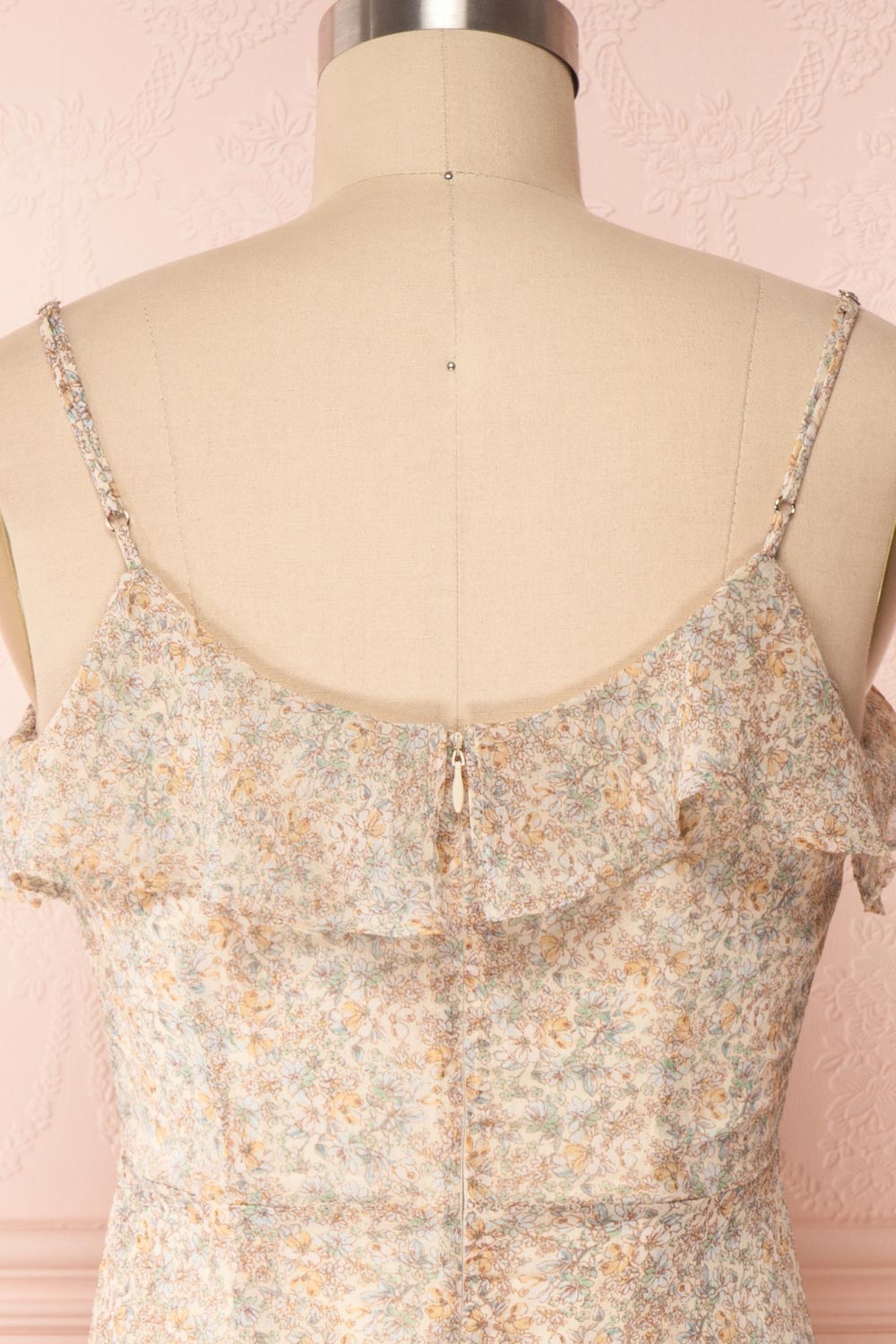 Petrona Beige Floral Chiffon Short Dress back close up | Boutique 1861