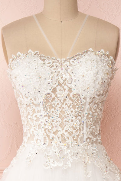 Philomena Voluminous White Bustier Bridal Dress | Boudoir 1861 front close-up