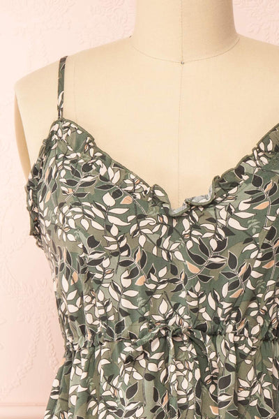 Piana Green Short Dress w/ Leaves Motif | Boutique 1861 front close-up