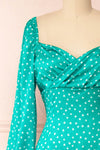 Pierette Green Patterned Maxi Dress w/ Slit | Boutique 1861 front close-up