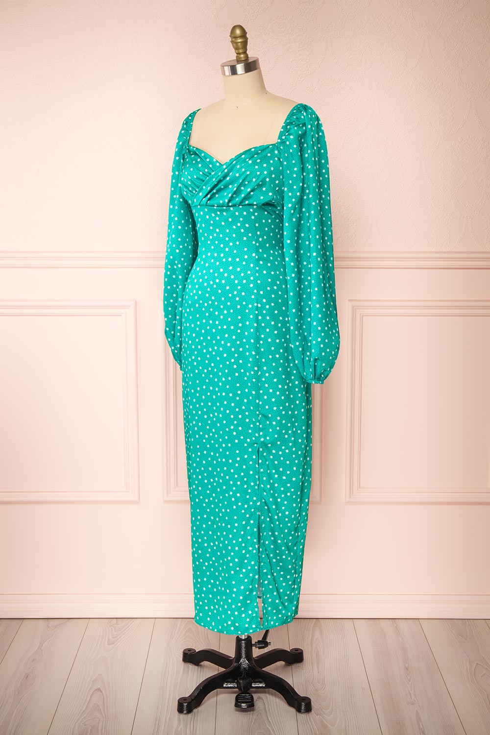 Pierette Green Patterned Maxi Dress w/ Slit | Boutique 1861 side view 