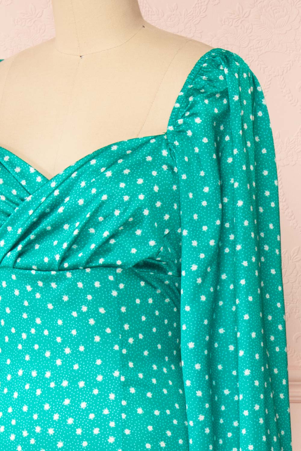 Pierette Green Patterned Maxi Dress w/ Slit | Boutique 1861 side close-up