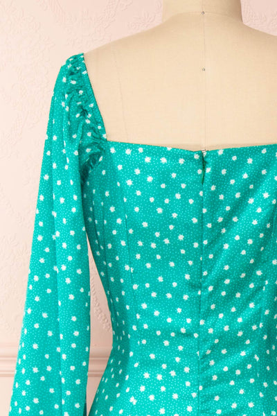 Pierette Green Patterned Maxi Dress w/ Slit | Boutique 1861 back close-up