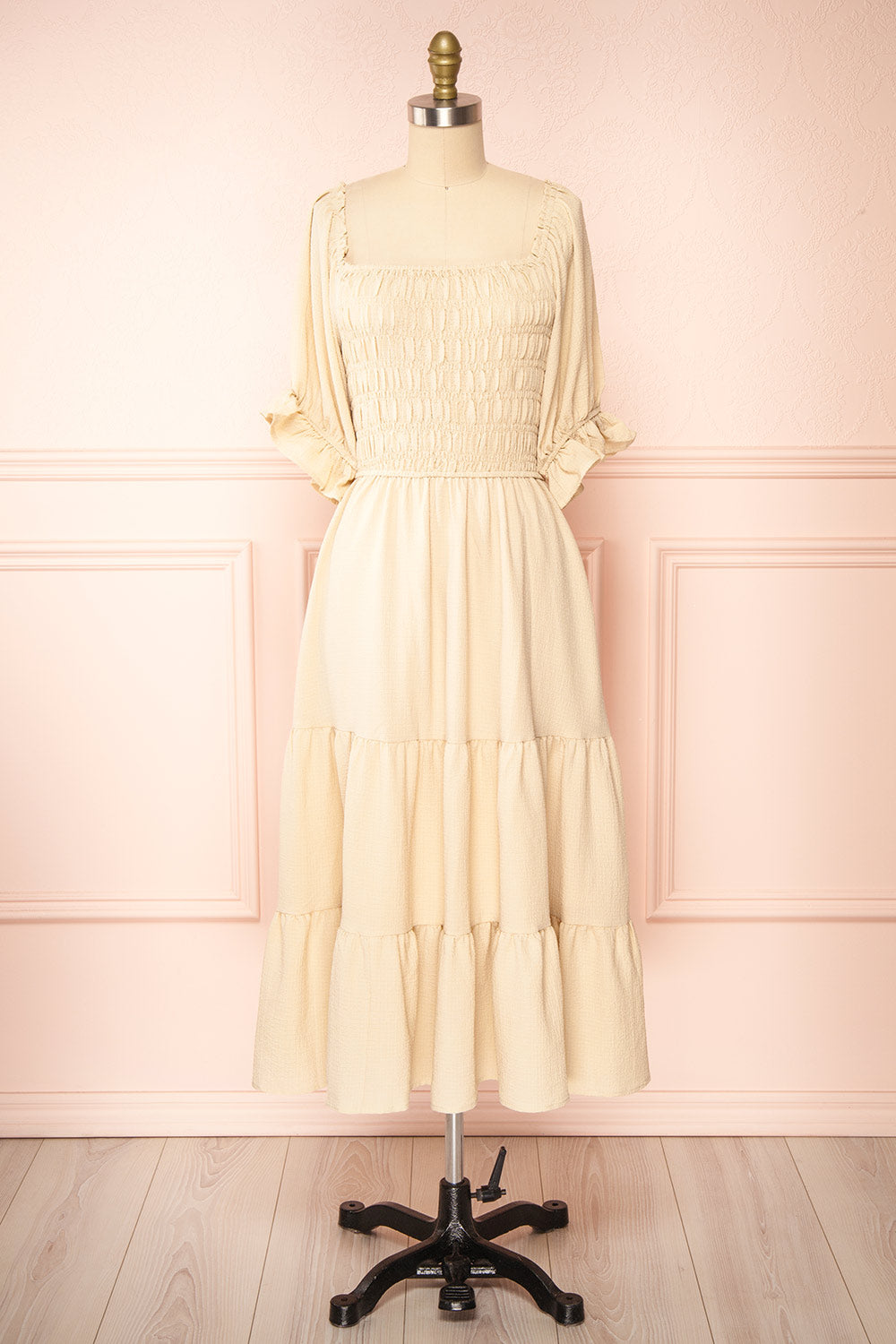 Pierra Beige Tiered Midi Dress w/ Half-Sleeves | Boutique 1861 front view