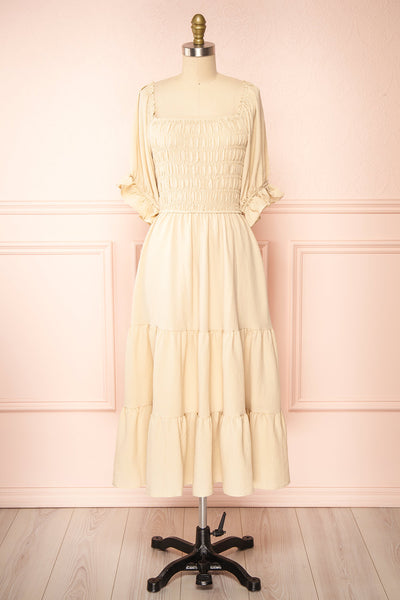 Pierra Beige Tiered Midi Dress w/ Half-Sleeves | Boutique 1861 front view