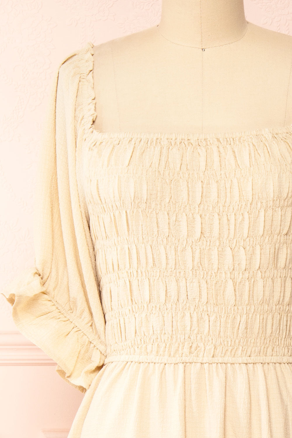 Pierra Beige Tiered Midi Dress w/ Half-Sleeves | Boutique 1861 front close-up
