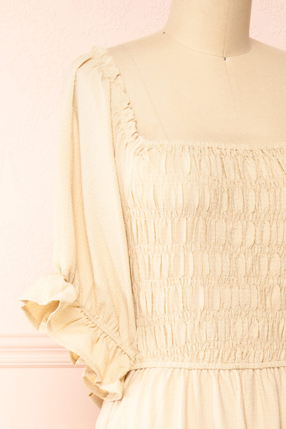 Pierra Beige Tiered Midi Dress w/ Half-Sleeves | Boutique 1861 side close-up