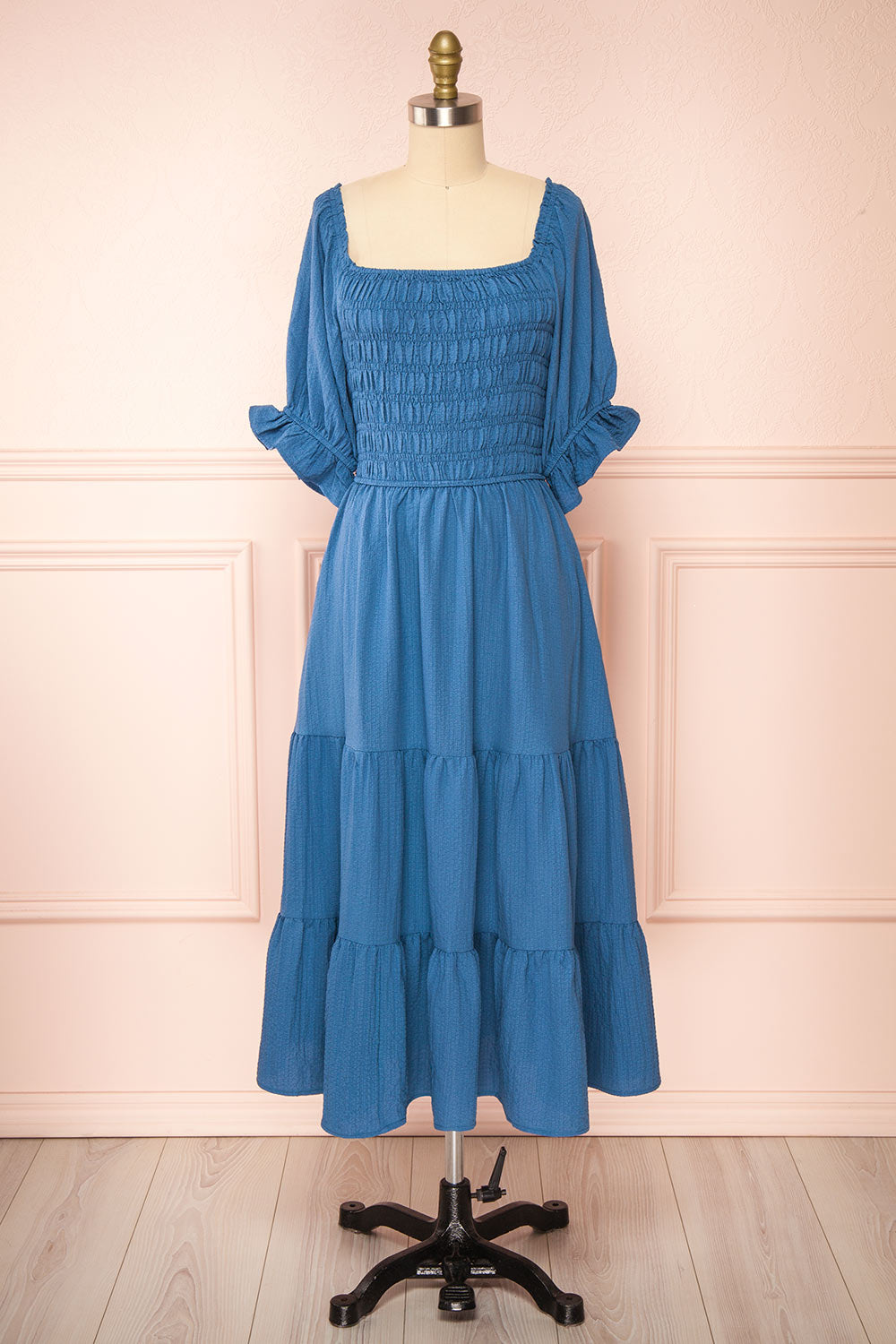 Pierra Blue Tiered Midi Dress w/ Half-Sleeves | Boutique 1861 front view