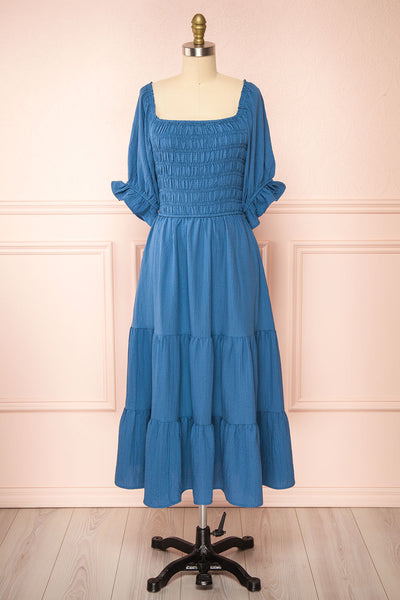 Pierra Blue Tiered Midi Dress w/ Half-Sleeves | Boutique 1861 front view