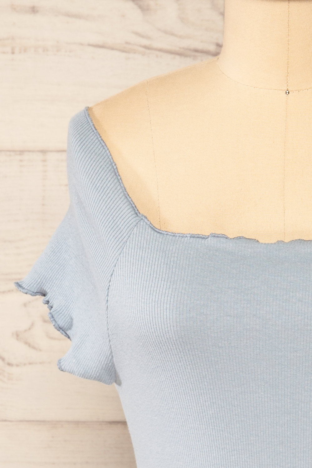 Pila Blue Ribbed Short Sleeve Top w/ Frills | La petite garçonne front close-up