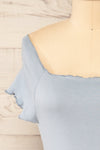 Pila Blue Ribbed Short Sleeve Top w/ Frills | La petite garçonne front close-up