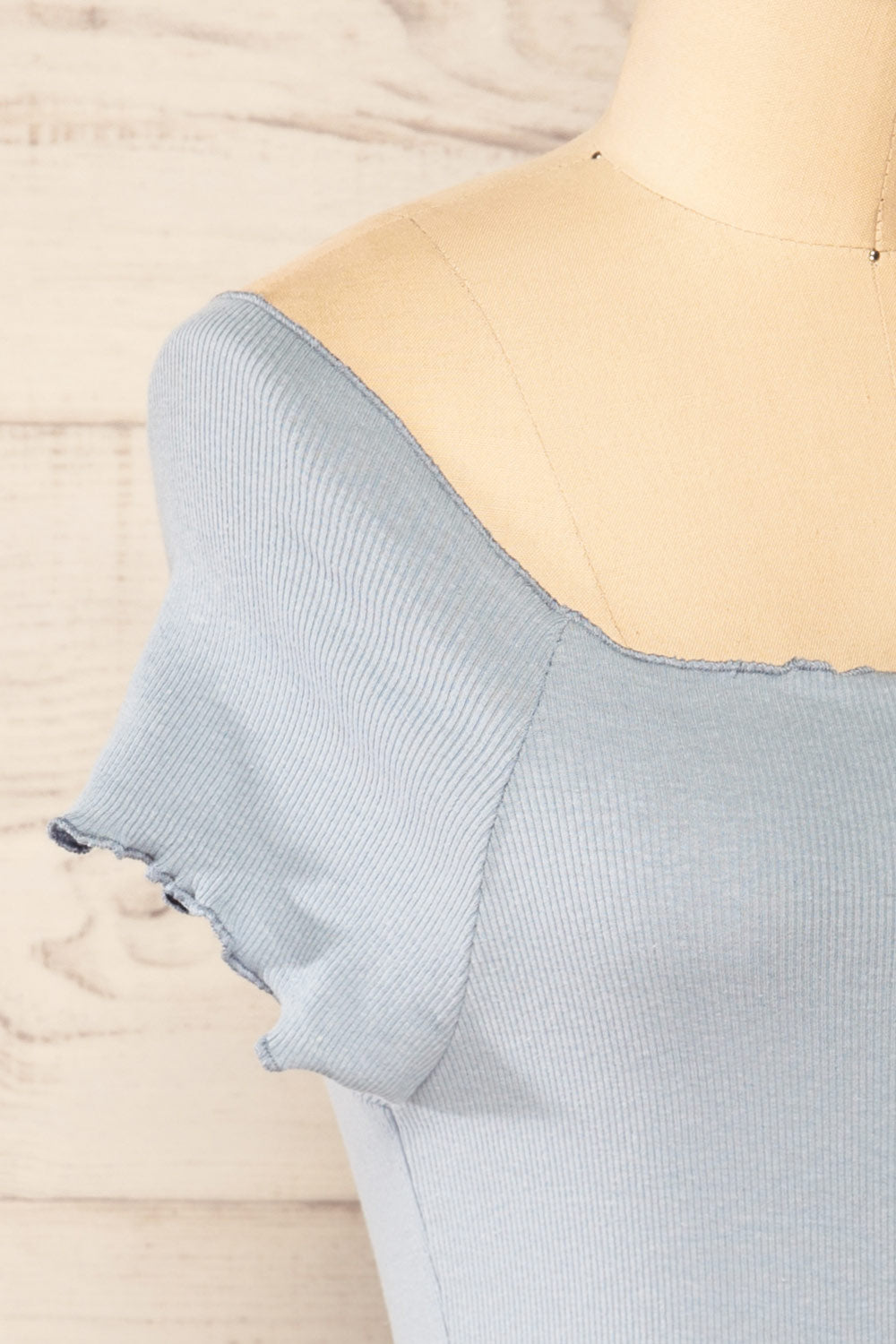 Pila Blue Ribbed Short Sleeve Top w/ Frills | La petite garçonne side close-up
