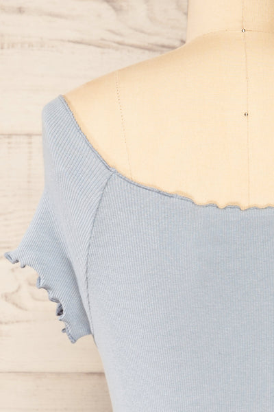 Pila Blue Ribbed Short Sleeve Top w/ Frills | La petite garçonne back close-up