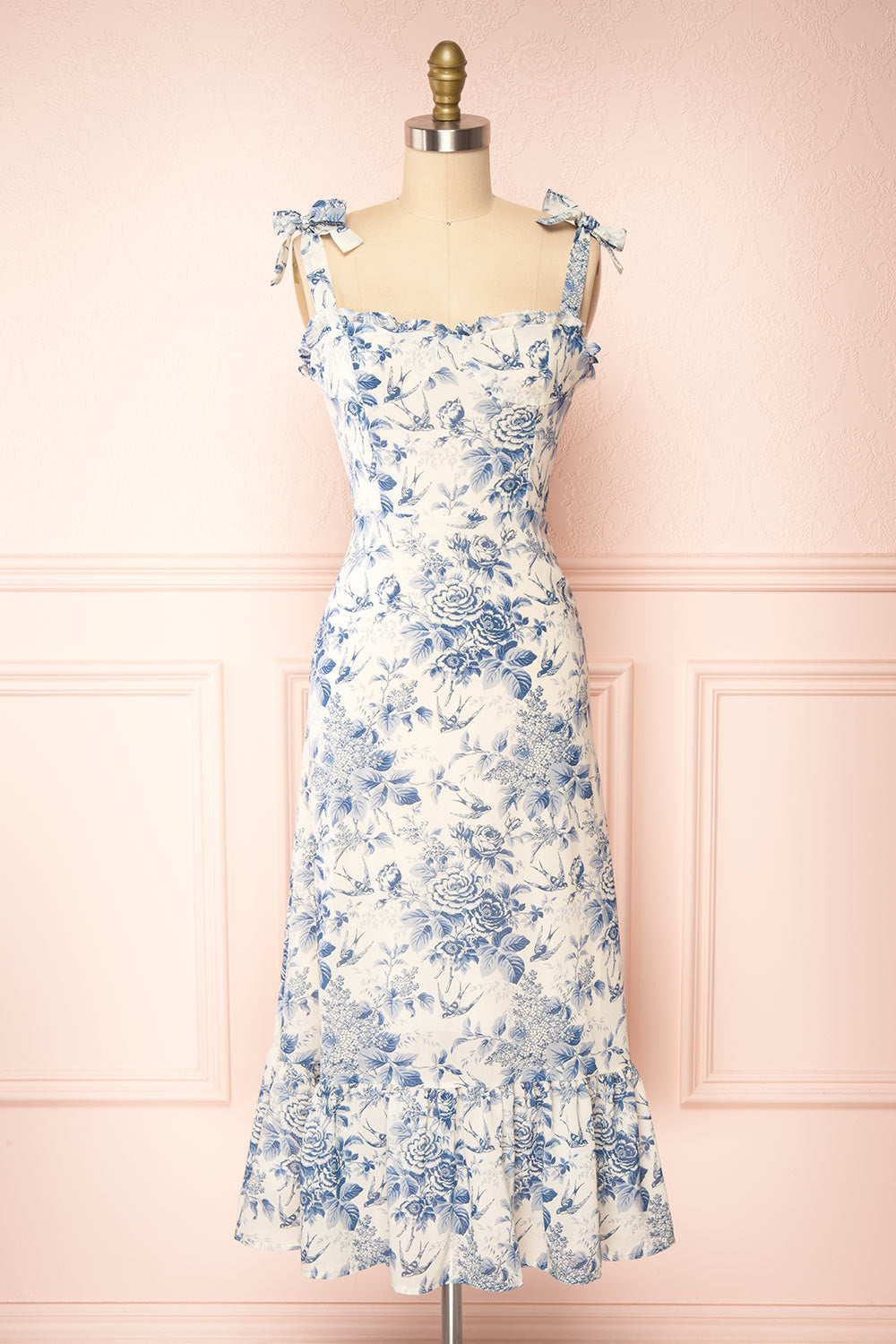 Pinga Tie Strap Floral Midi Dress w/ Ruffles | Boutique 1861 front view 